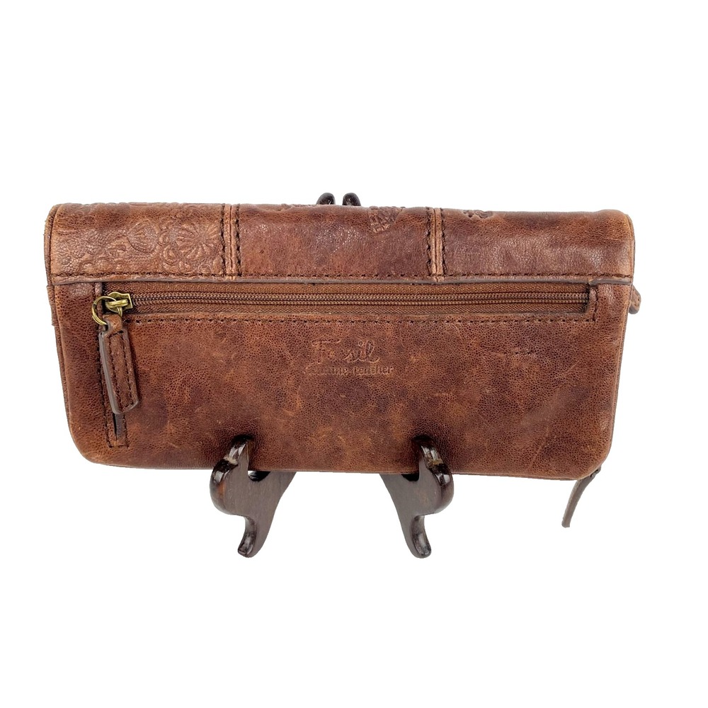 Fossil Embossed Leather Bifold Wallet Dk Brown Multi Pockets Clutch Supple Fine - Picture 4 of 7